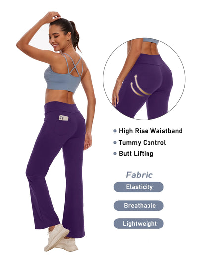 Womens Bootcut Yoga Pants with Pockets High Waist Bootleg Trousers Workout Gym Flare Legging Activewear Purple M