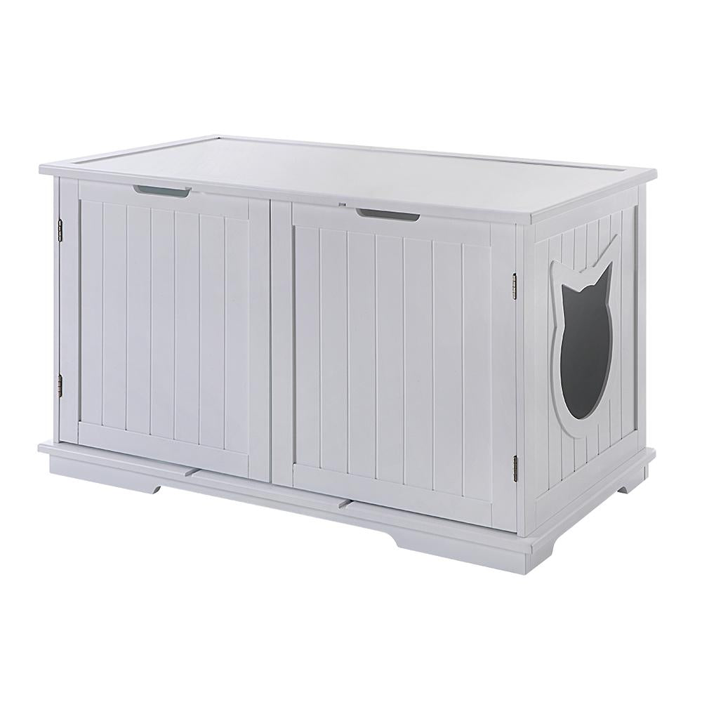 X-Large Cat Washroom Bench Litter Box Enclosure Furniture Box House in white, featuring a cat-shaped entrance.