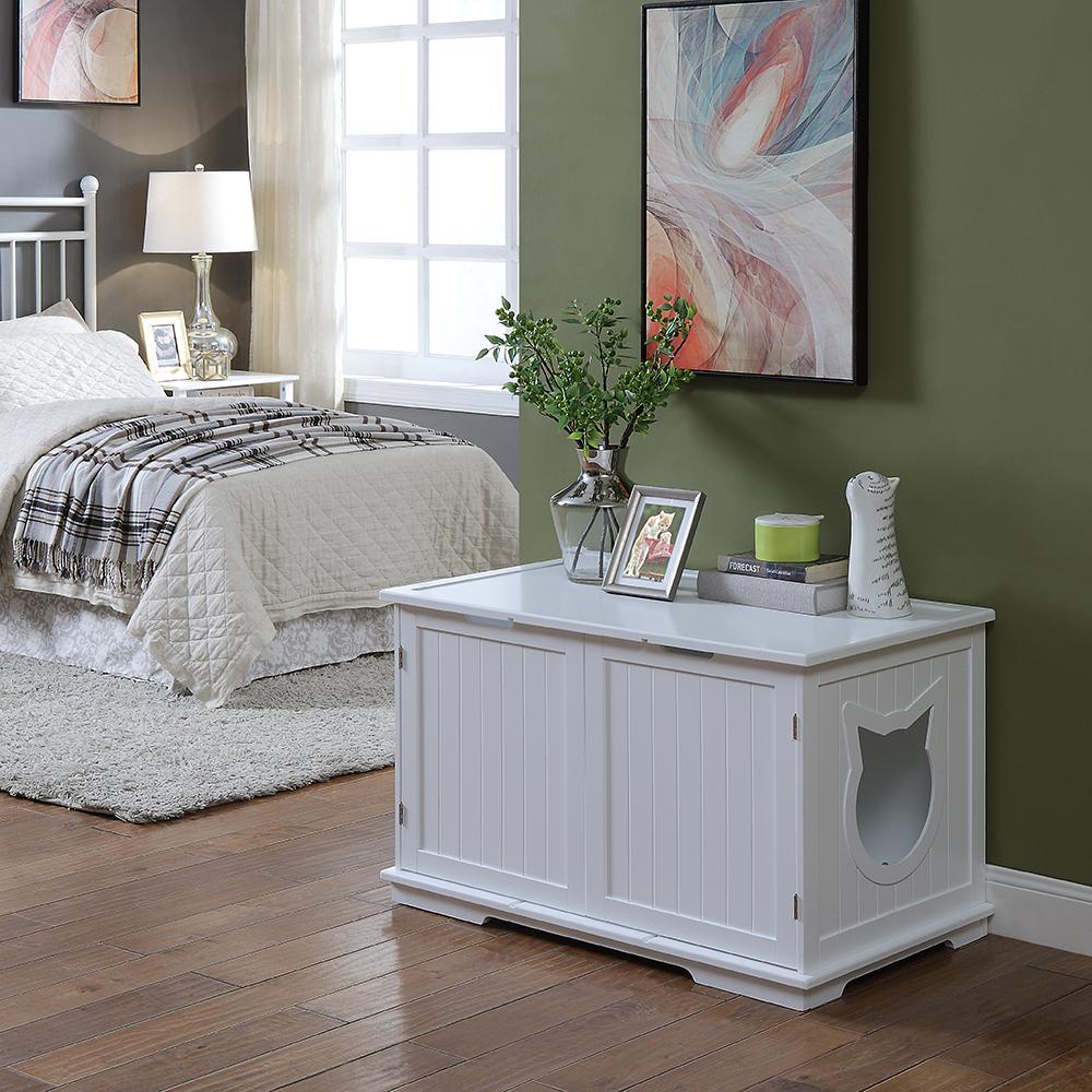 X-Large Cat Washroom Bench Litter Box Enclosure Furniture Box House in a stylish bedroom setting.