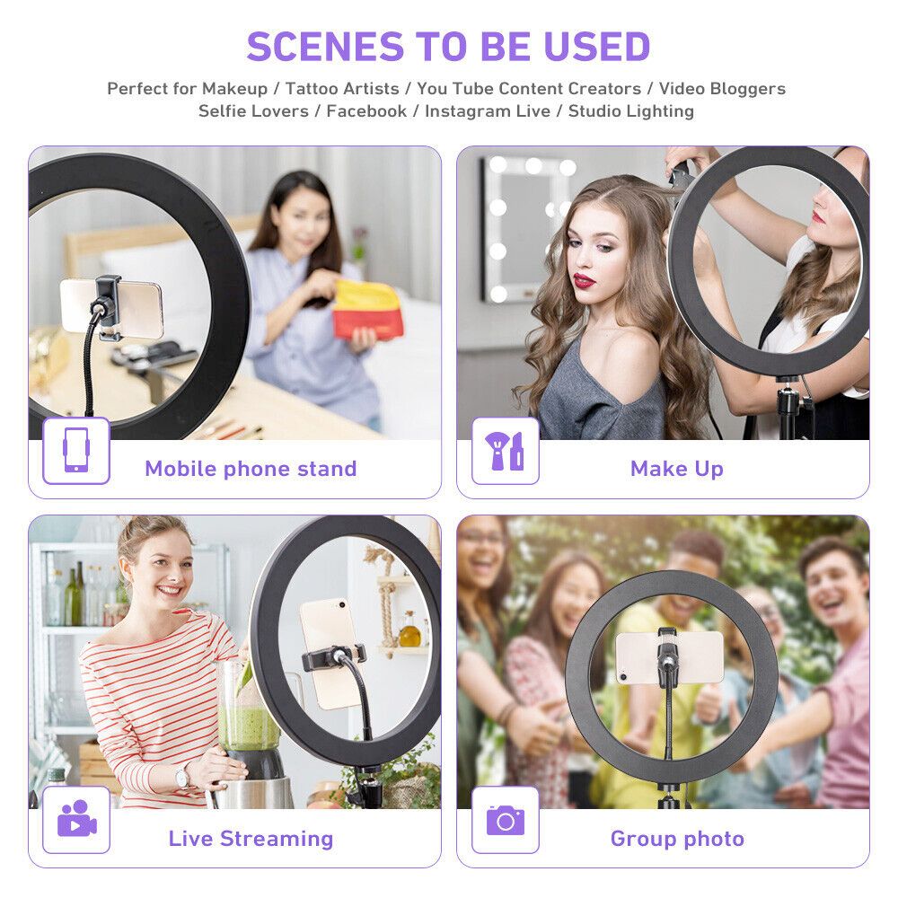 LED Ring Light With Phone Tripod Stand Kit 10" in use for makeup, live streaming, group photos, and mobile phone stand setups.