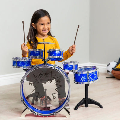 11-Piece Kids Starter Drum Set W/ Bass Drum, Tom Drums, Snare, Cymbal, Stool, Drumsticks - Blue
