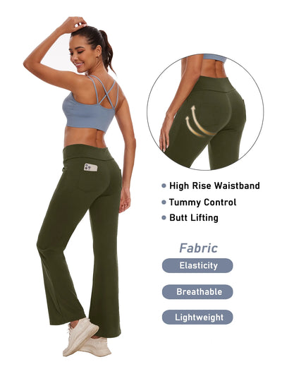 Womens Bootcut Yoga Pants with Pockets High Waist Bootleg Trousers Workout Gym Flare Legging Activewear Green XL