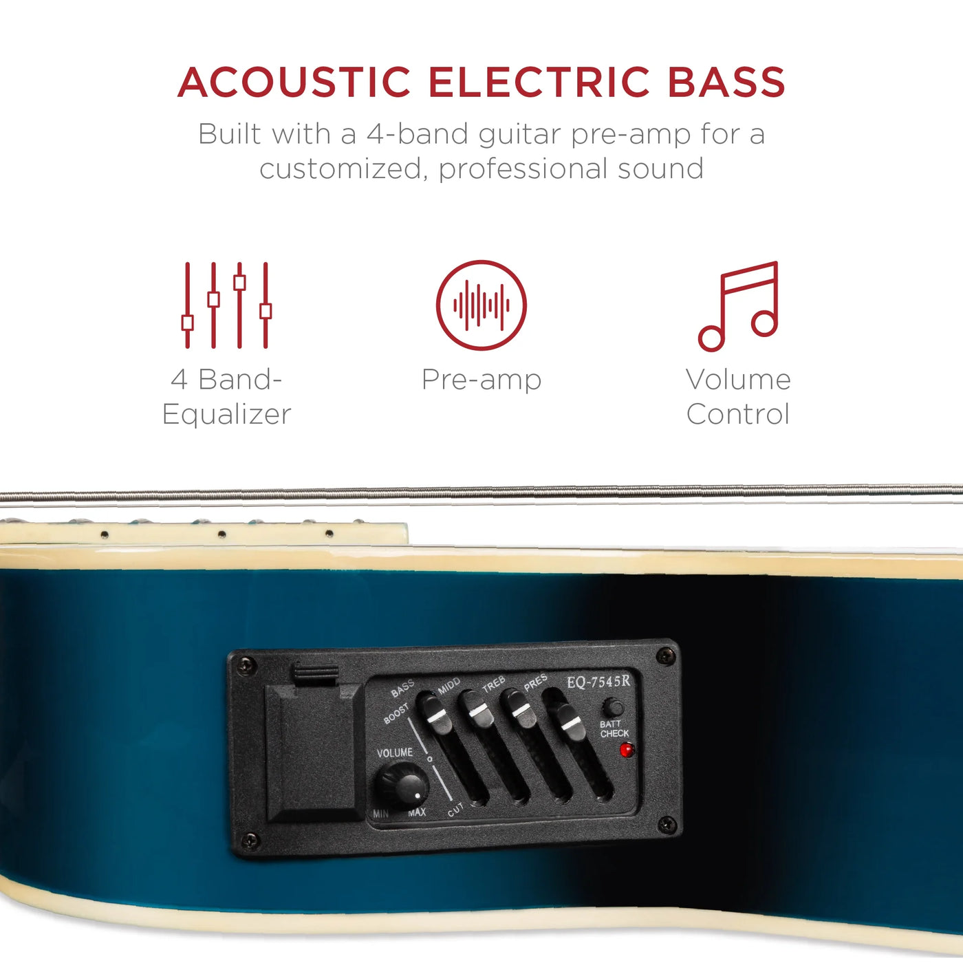 22-Fret Full Size Acoustic Electric Bass Guitar W/ 4-Band Equalizer, Truss Rod - Blue