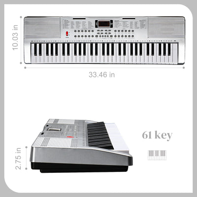 Glarry 61 Keys Keyboard Piano with Stand, Bench, Built in Speakers for Beginners, Sliver