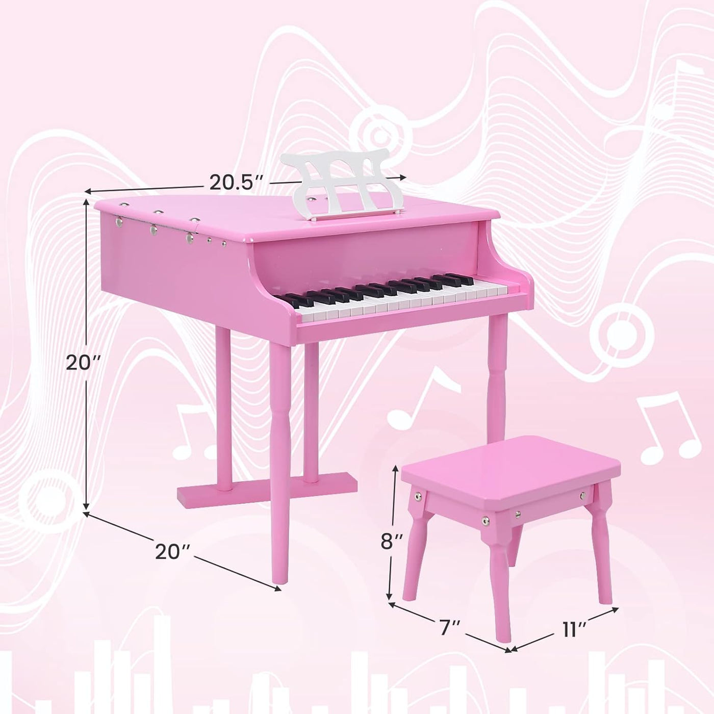 30-Key Classical Kids Piano, Mini Grand Piano Wooden Learn-To-Play Musical Instrument Toy with Bench, Piano Lid, Music Rack, Gift for Boys Girls Aged 2+ Baby Toddler (3 Straight Leg-Pink)