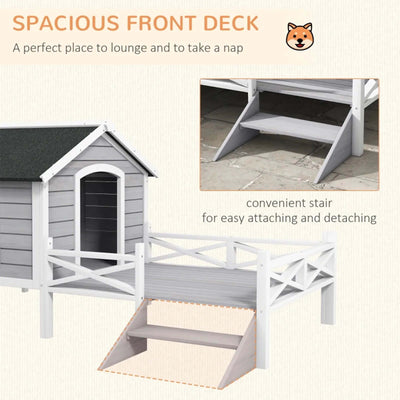66" Outdoor Dog House, Large Wooden Dog Kennel with Porch, Cabin House Style Pet Houses for Cats, Gray