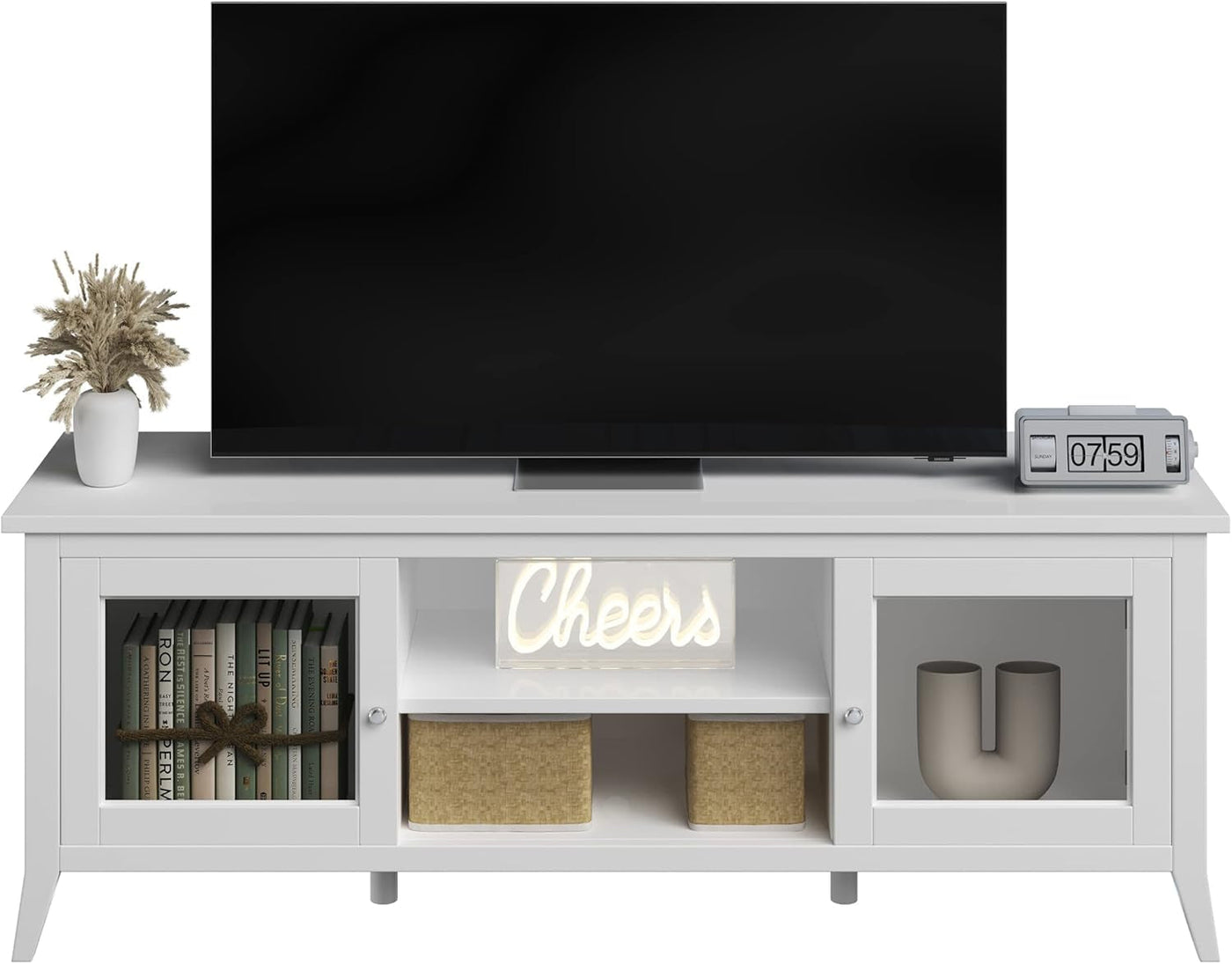 55 Inch TV Stand White With Storage Shelves And Cubbies