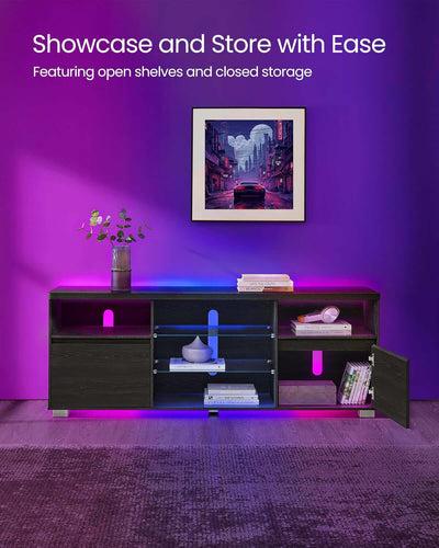 63 Inch LED TV Stand With Glass Shelves And Cabinet Doors