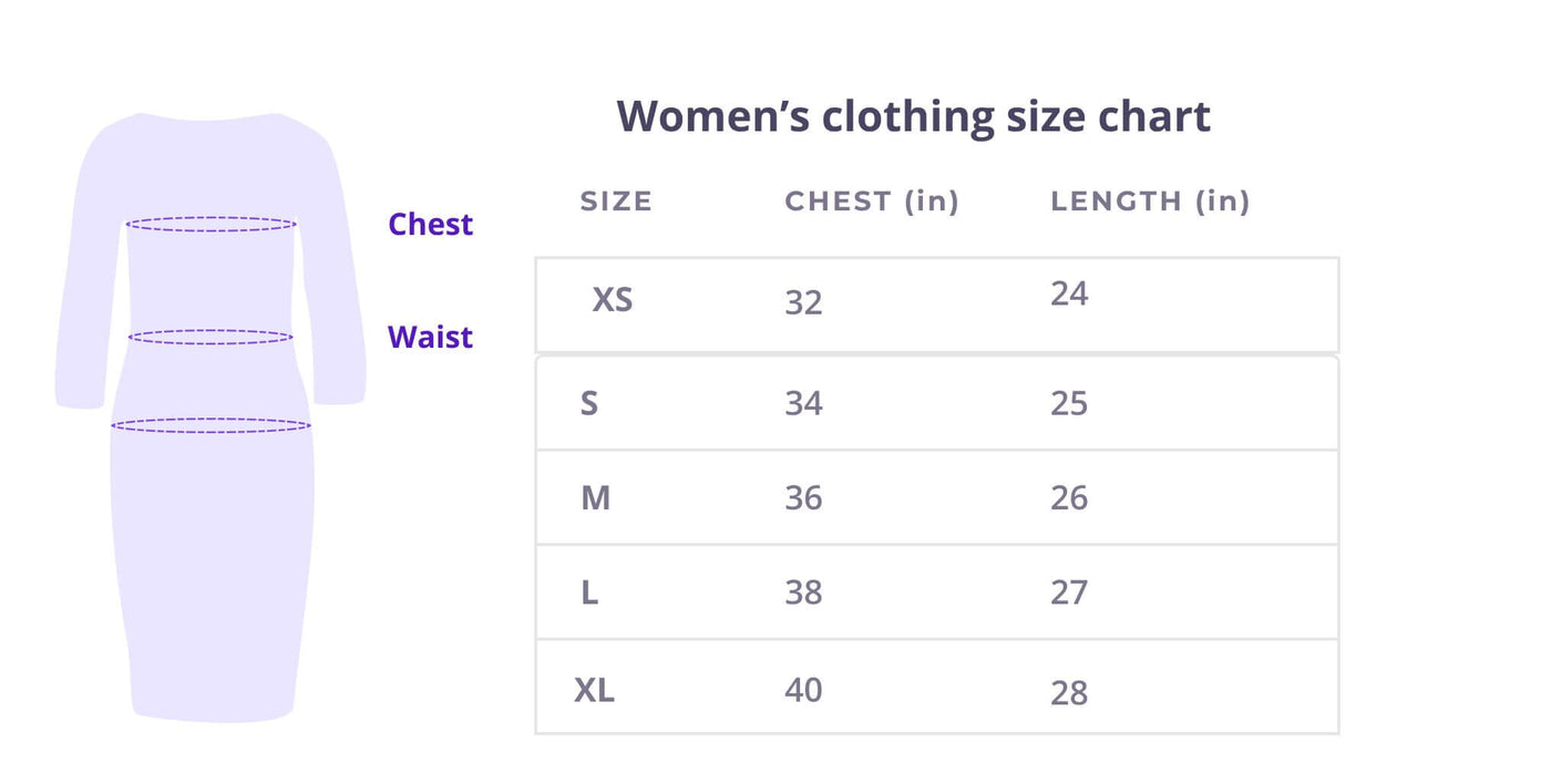 Women's clothing size chart displaying XS to XL measurements for chest and length in inches.