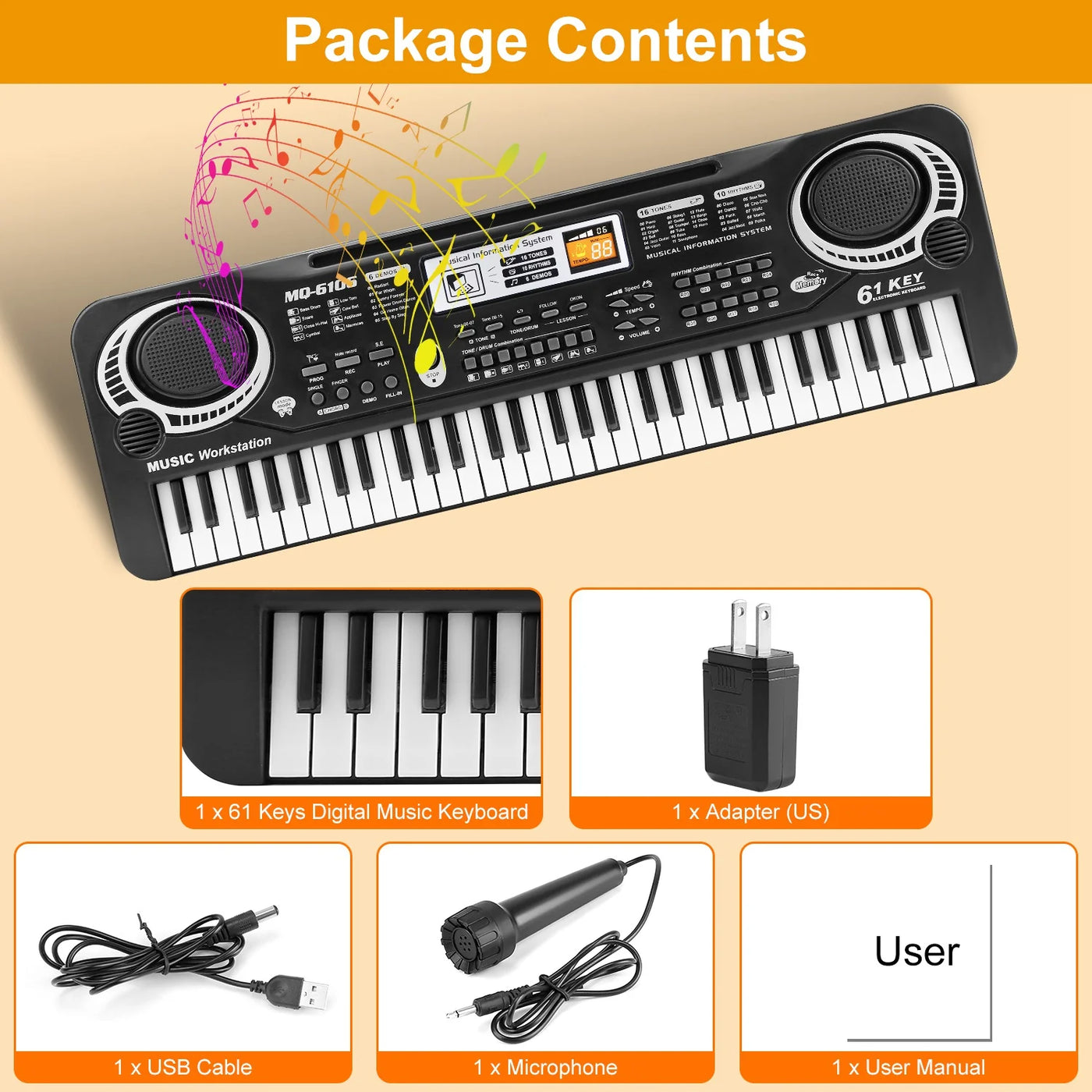 61 Keys Digital Music Keyboard,  Electric Piano Musical Instrument Kids Learning Keyboard with Microphone for Beginners Kids Girls Boys Adults, Black