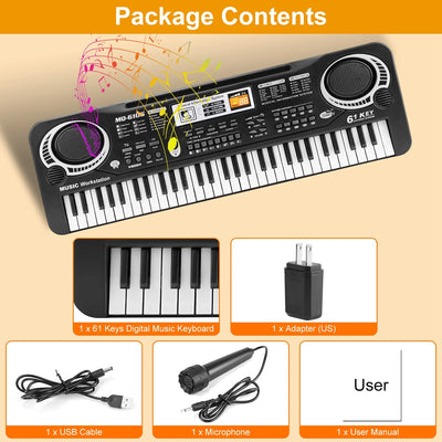 61 Keys Digital Music Keyboard,  Electric Piano Musical Instrument Kids Learning Keyboard with Microphone for Beginners Kids Girls Boys Adults, Black
