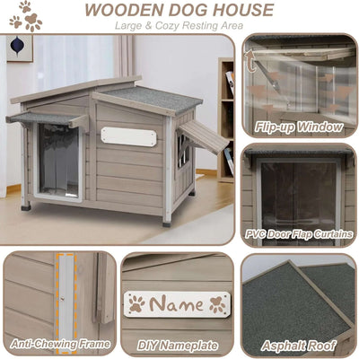Outdoor Dog House with Raised Feet, Wooden Dog Kennel with Vent Window for Indoor, Ideal for Medium to Large Dogs