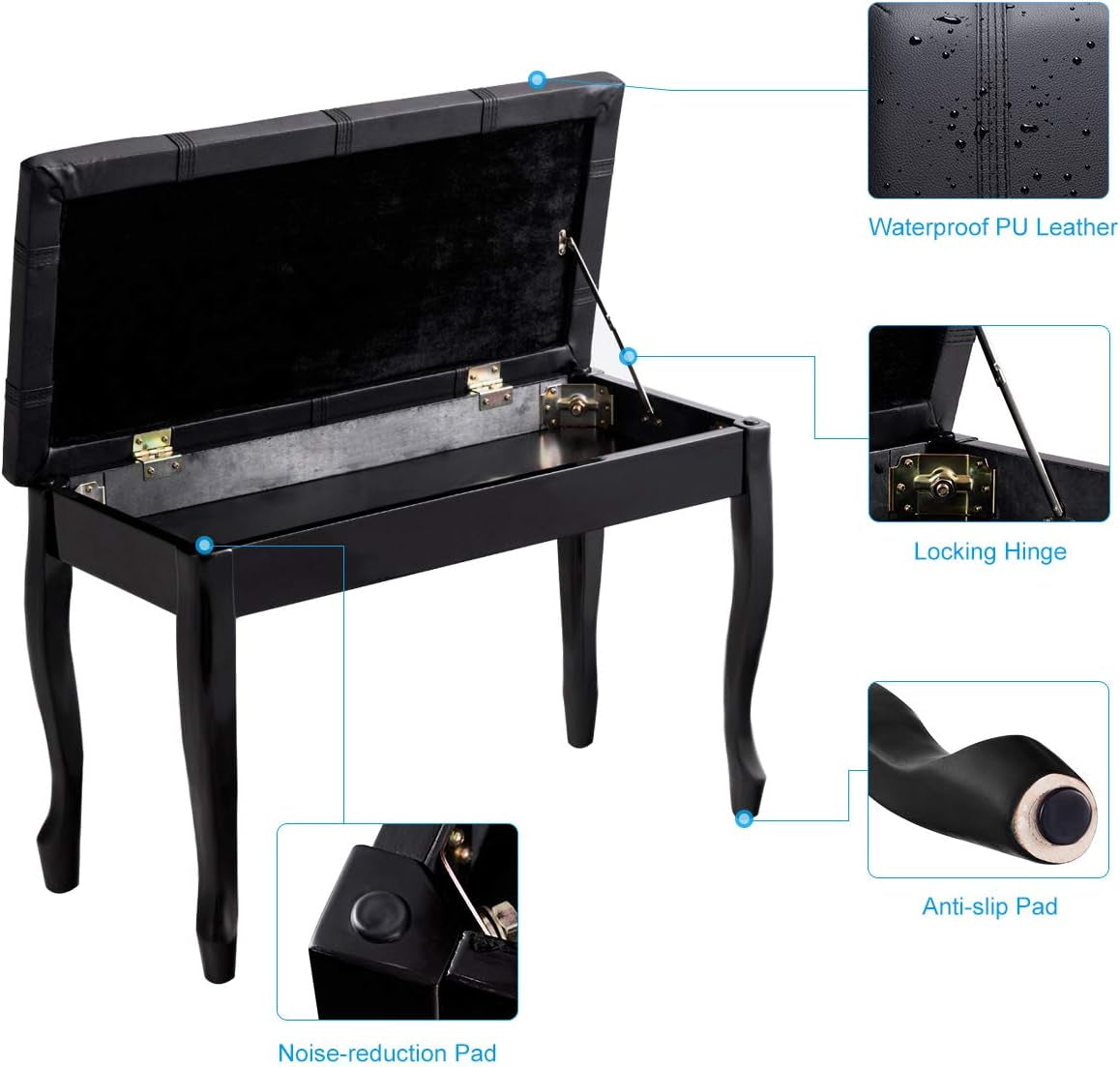 Piano Bench Stool with Padded Cushion and Music Storage, Heavy Duty Piano Duet Seat with PU Leather Padded Seat and Solid Wooden Legs, Perfect for Home Use (Black)