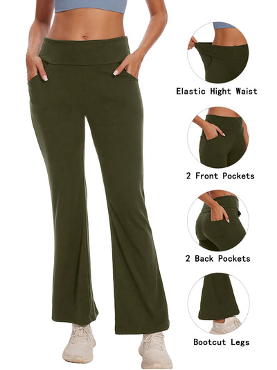 Womens Bootcut Yoga Pants with Pockets High Waist Bootleg Trousers Workout Gym Flare Legging Activewear Green XL