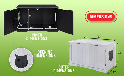 X-Large Cat Washroom Bench Litter Box Enclosure Furniture Box House dimensions diagram with inner and outer measurements.
