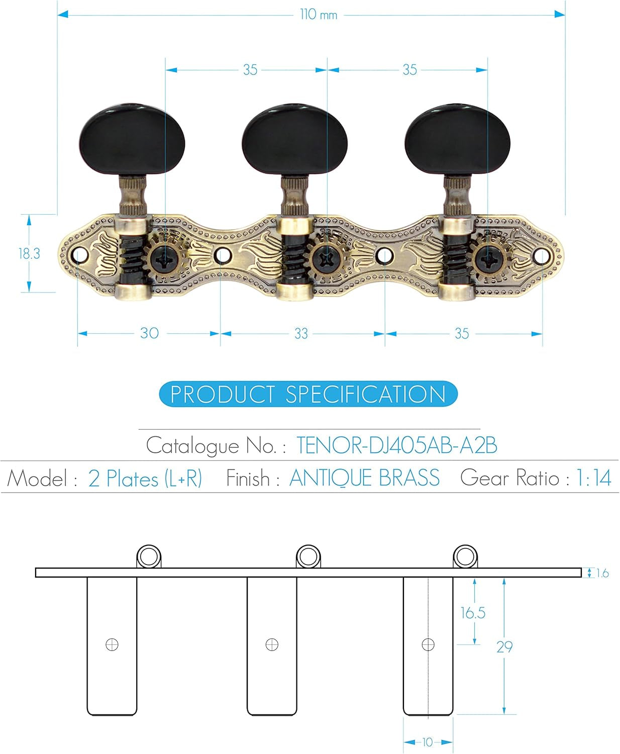 DJ405AB-A2B TENOR Classical Guitar Tuners, Tuning Key Pegs/Machine Heads for Classical or Flamenco Guitar with Antique Brass Finish and Ebony Colored Buttons.