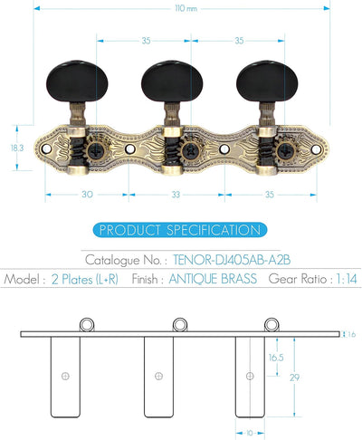 DJ405AB-A2B TENOR Classical Guitar Tuners, Tuning Key Pegs/Machine Heads for Classical or Flamenco Guitar with Antique Brass Finish and Ebony Colored Buttons.