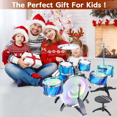 Kids Drum Set, 15 Pieces Drum Set for for Toddlers 1-3, Musical Instrument Toys with 6 Drums, W/ 4 Lights and 2 Cymbals, Drum Kit Boys Girls Birthday Gift for Beginner Music Practice