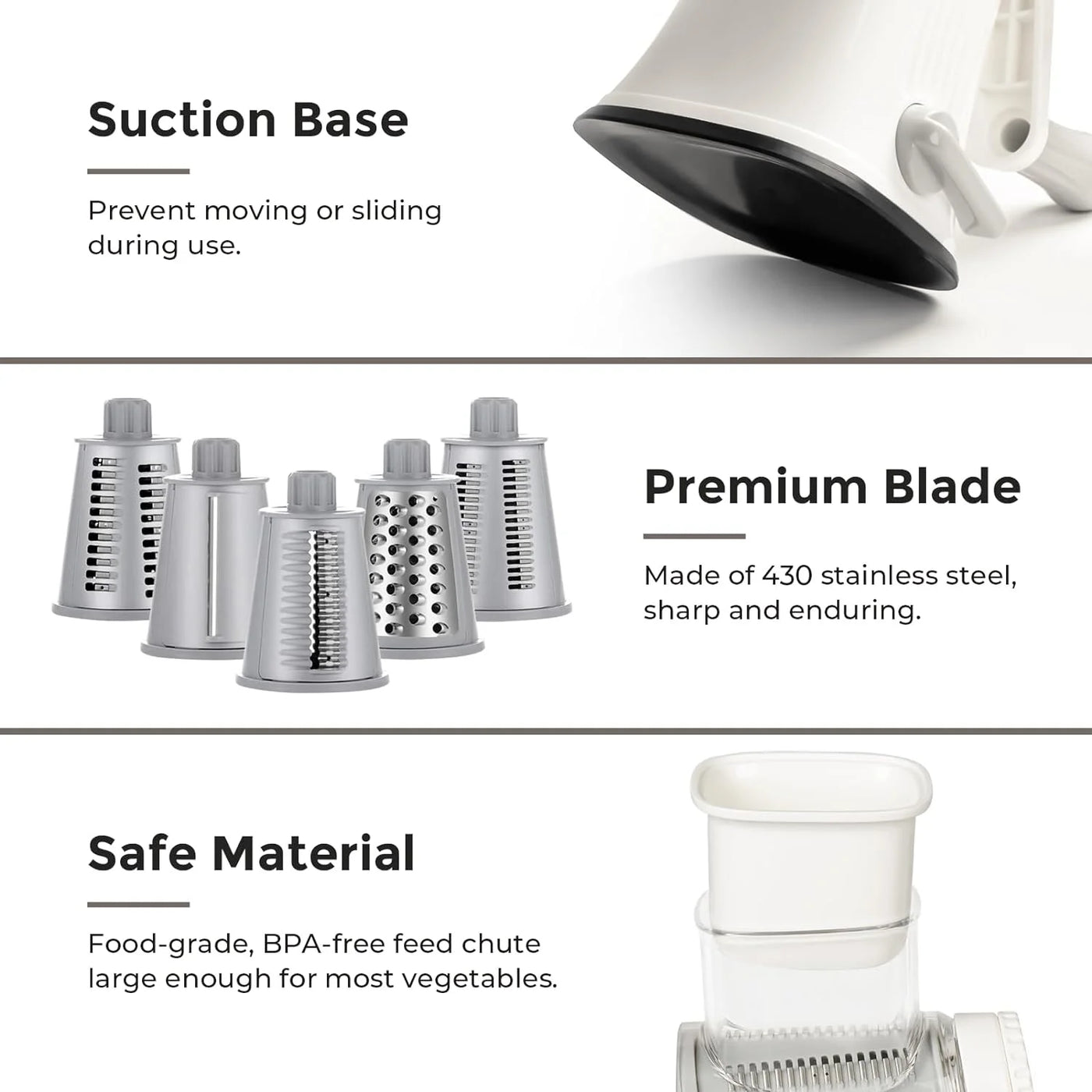 Multipurpose 5-In-1 Rotary Cheese Grater, Cheese Shredder with Rubber Suction Base, Versatile Drum Blades for Vegetables, Nuts, and More, White