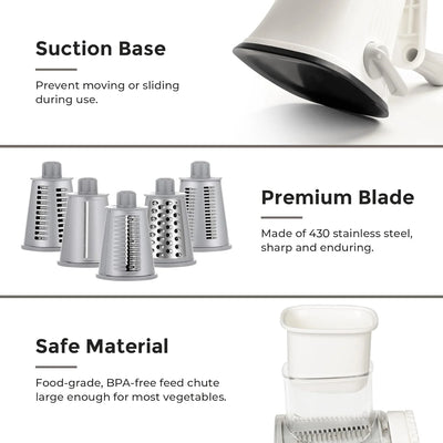 Multipurpose 5-In-1 Rotary Cheese Grater, Cheese Shredder with Rubber Suction Base, Versatile Drum Blades for Vegetables, Nuts, and More, White