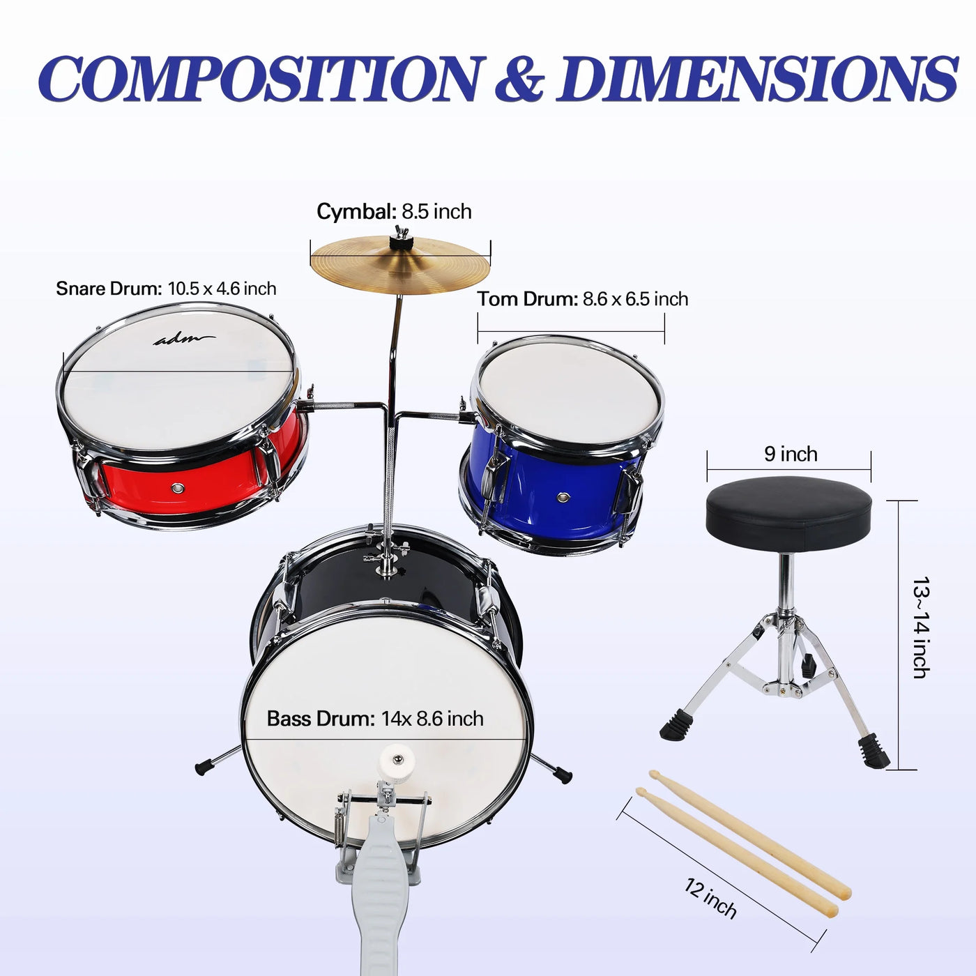 3-Piece Junior Drum Set for Kids Beginners, Kids Drum Kit with Full Set of Silent Mats, Adjustable Throne, Cymbal, Pedal & Drumsticks - Red, Blue, Black