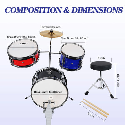 3-Piece Junior Drum Set for Kids Beginners, Kids Drum Kit with Full Set of Silent Mats, Adjustable Throne, Cymbal, Pedal & Drumsticks - Red, Blue, Black