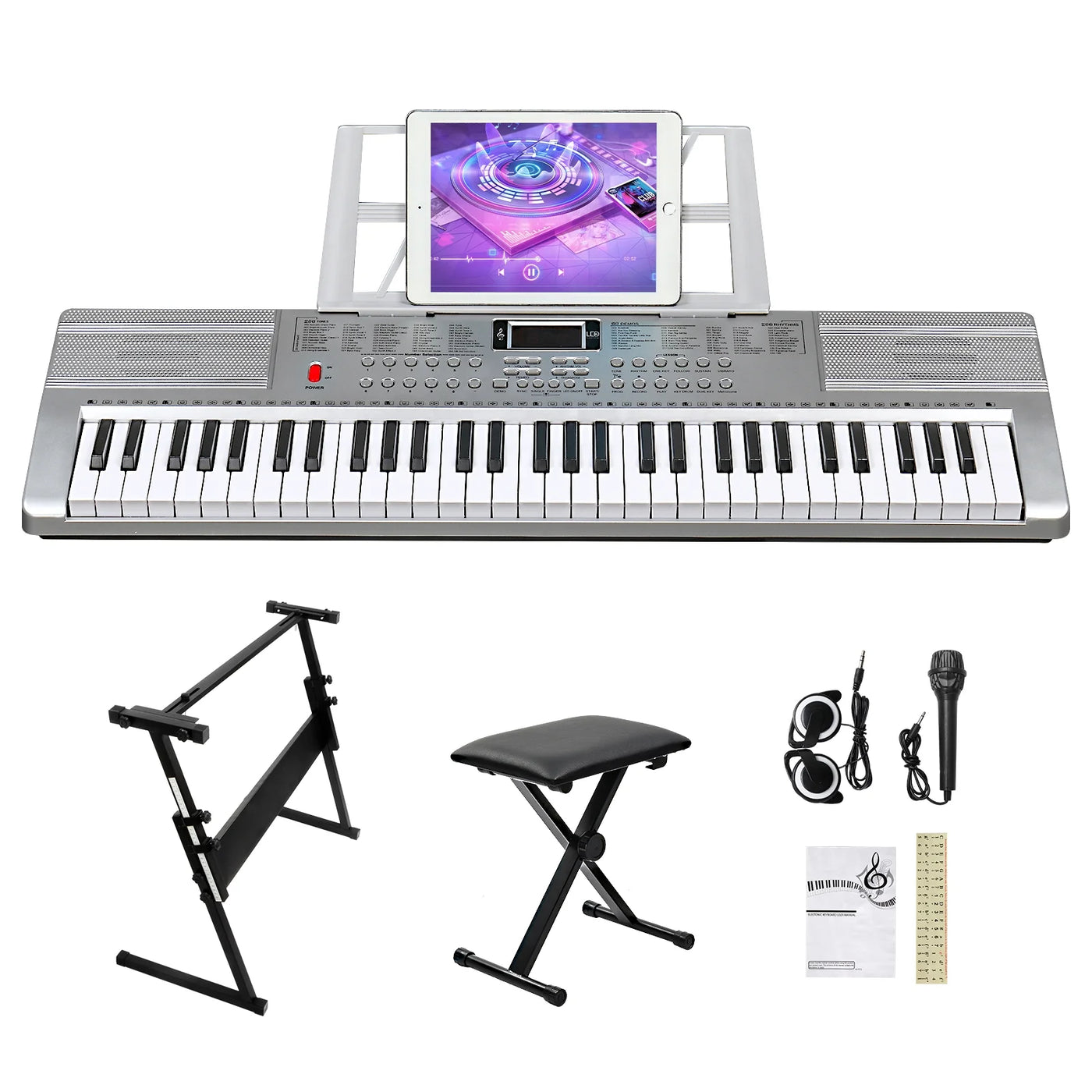 Glarry 61 Keys Keyboard Piano with Stand, Bench, Built in Speakers for Beginners, Sliver