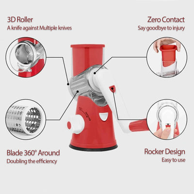 Cheese Grater Rotary, Kitchen Mandoline Vegetable Slicer with 3 Interchangeable Blades, Grater Slicer for Fruit, Vegetables, Nuts,Dishwasher Safe,Red