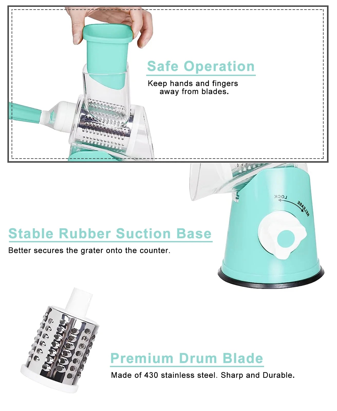 Premium Rotary Cheese Grater, Manual Cheese Grater for Kitchen, Handheld Vegetables Slicer Cheese Shredder with Rubber Suction Base, 3 Stainless Drum Blades Included,Blue