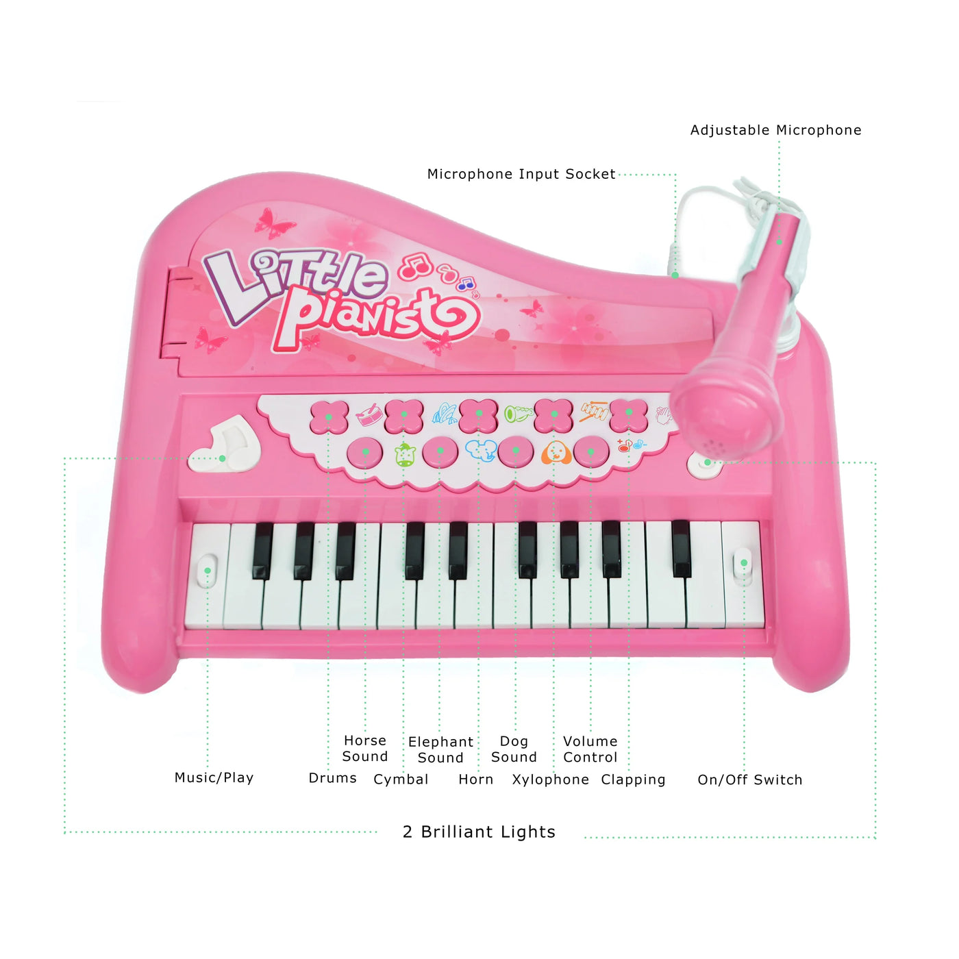 Musical Toy Set Electronic Grand Piano Keyboard with Microphone and Lights for Pretend Play and Educational Development (Pink)