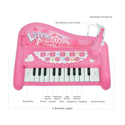Musical Toy Set Electronic Grand Piano Keyboard with Microphone and Lights for Pretend Play and Educational Development (Pink)