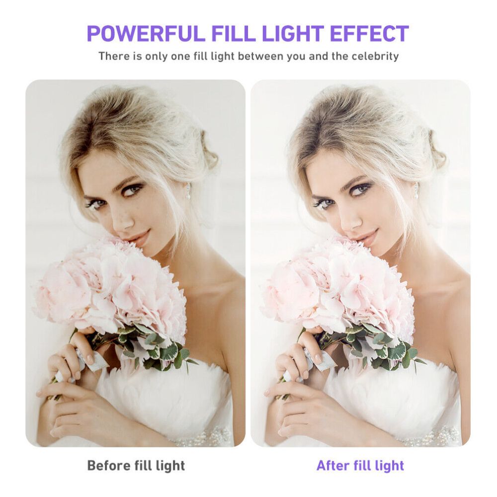 Before and after comparison showing fill light effect on a woman holding flowers, demonstrating the power of lighting.