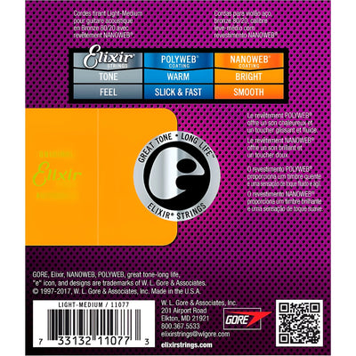 11077-U Nanoweb 80-20 Bronze Light Medium Acoustic Guitar Strings Set