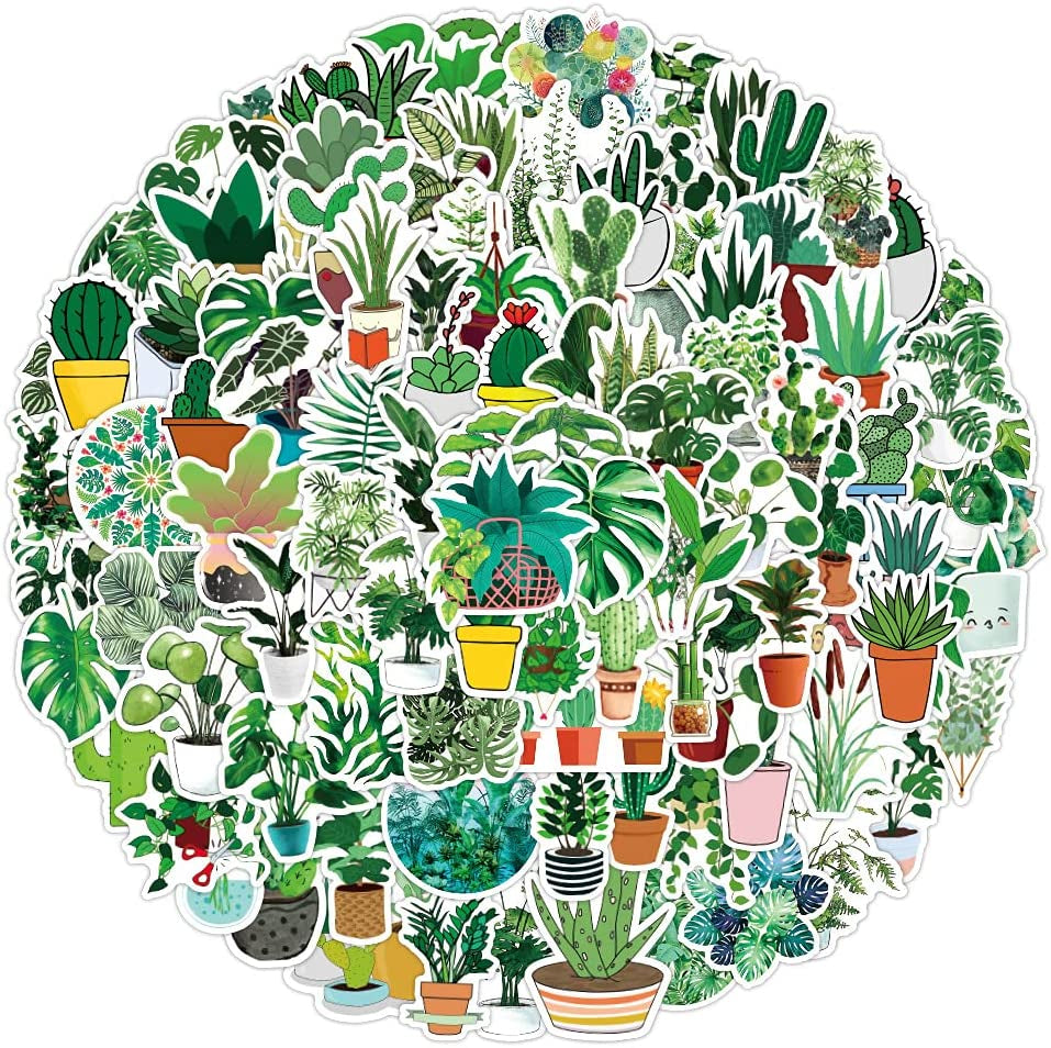 100 Pcs Green Plant Stickers,  Greenery Leaf Vinyl Decal, Waterproof Aesthetic Sticker Pack, Potted Plant Floral Decals Stickers for Laptop Water Bottles Phone Computer Decal