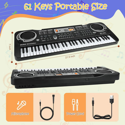 61 Key Keyboard Piano, Electronic Keyboard Piano with Microphone for Kids Gift, Black