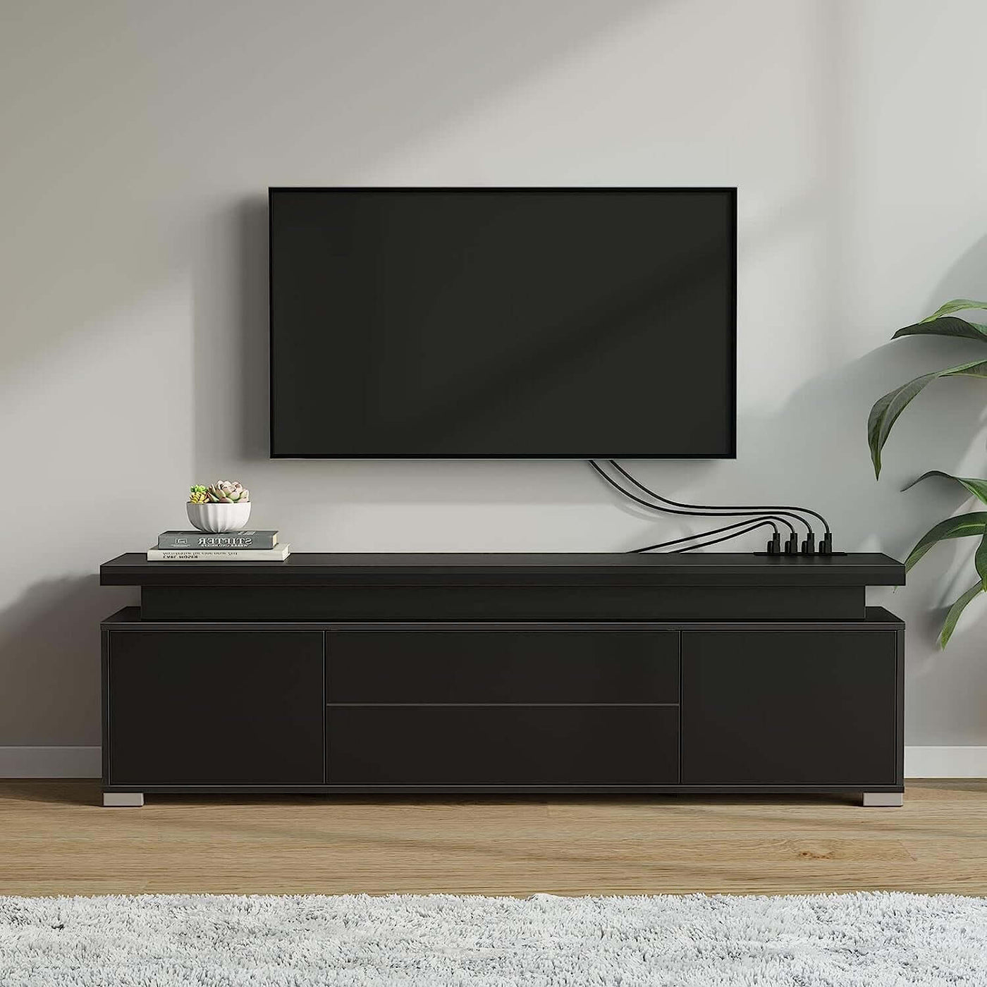 LED TV Stand With Power Outlet And Storage Cabinet
