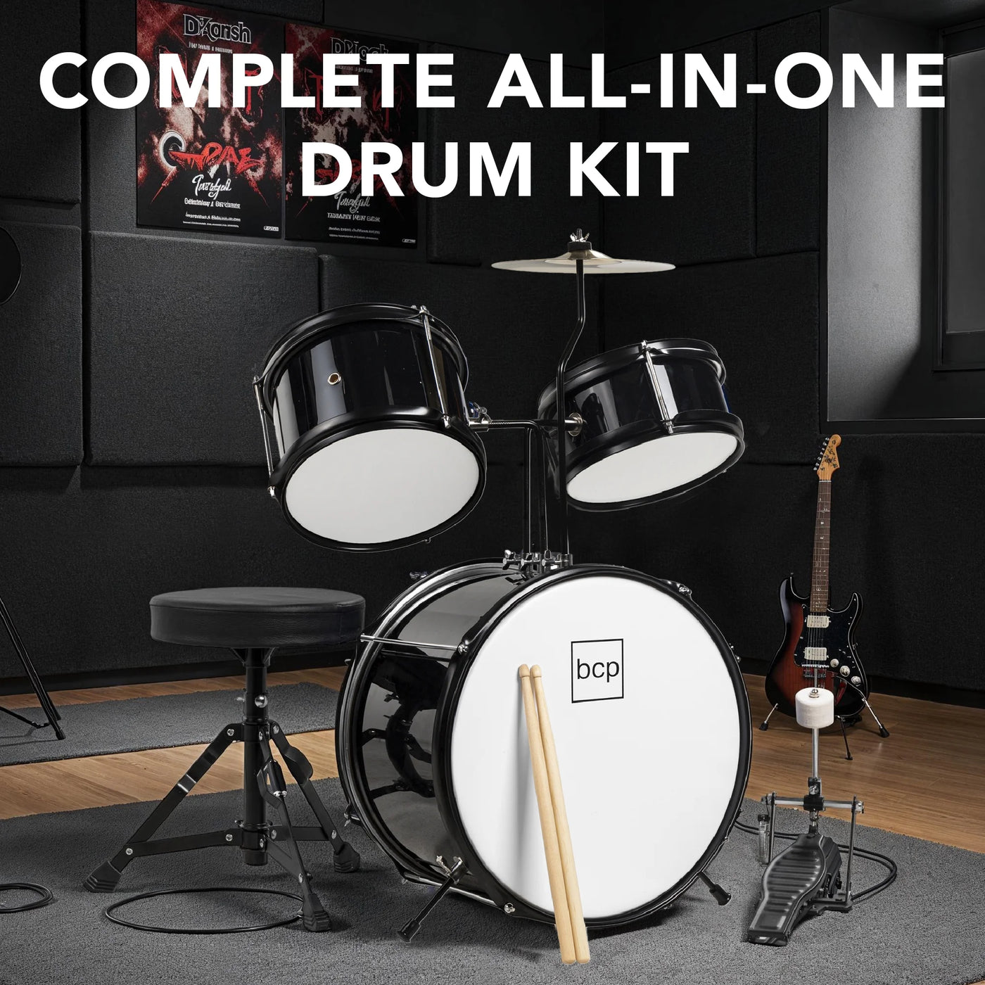 Kids Beginner 3-Piece Drum, Musical Instrument Set W/ Sticks, Cushioned Stool, Drum Pedal - Black