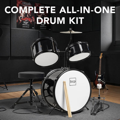 Kids Beginner 3-Piece Drum, Musical Instrument Set W/ Sticks, Cushioned Stool, Drum Pedal - Black