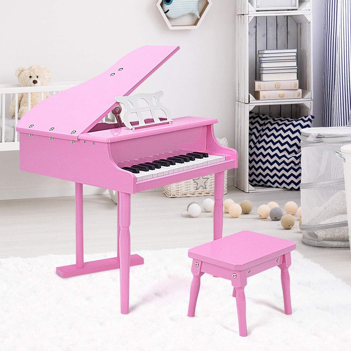 30-Key Classical Kids Piano, Mini Grand Piano Wooden Learn-To-Play Musical Instrument Toy with Bench, Piano Lid, Music Rack, Gift for Boys Girls Aged 2+ Baby Toddler (3 Straight Leg-Pink)