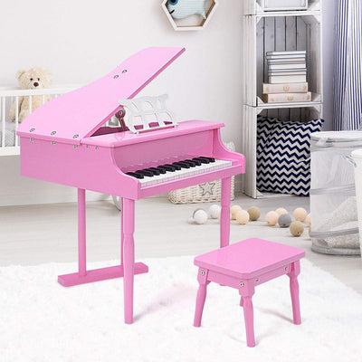 30-Key Classical Kids Piano, Mini Grand Piano Wooden Learn-To-Play Musical Instrument Toy with Bench, Piano Lid, Music Rack, Gift for Boys Girls Aged 2+ Baby Toddler (3 Straight Leg-Pink)