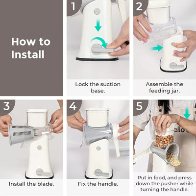 Multipurpose 5-In-1 Rotary Cheese Grater, Cheese Shredder with Rubber Suction Base, Versatile Drum Blades for Vegetables, Nuts, and More, White