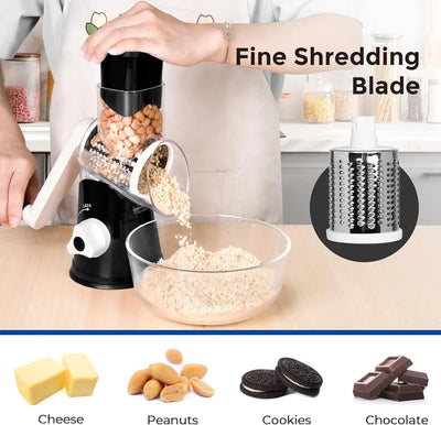 3 in 1 Cheese Grater Rotary, Cheese Shredder Grater for Kitchen Grater Slicer with 3 Replacement Blades, Potato Slicer Vegetable Chopper with Suction Base, Black