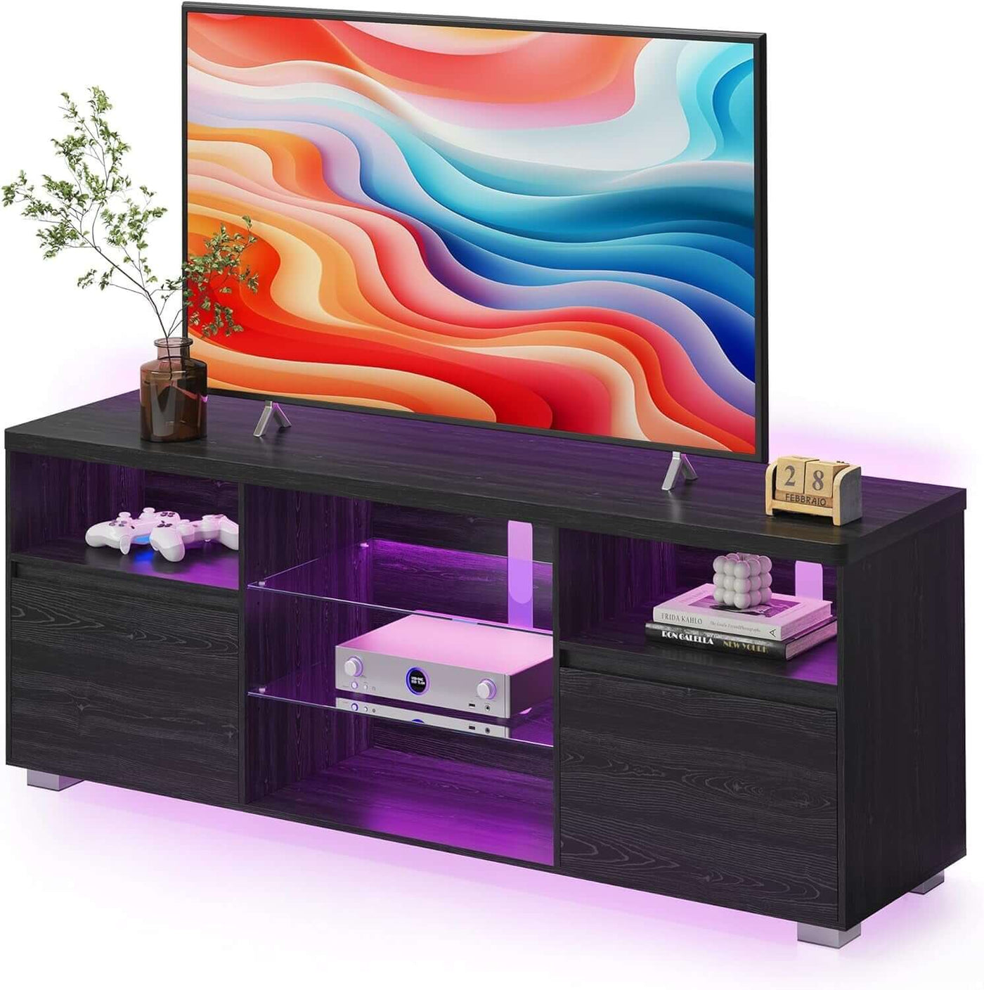 63 Inch LED TV Stand With Glass Shelves And Cabinet Doors