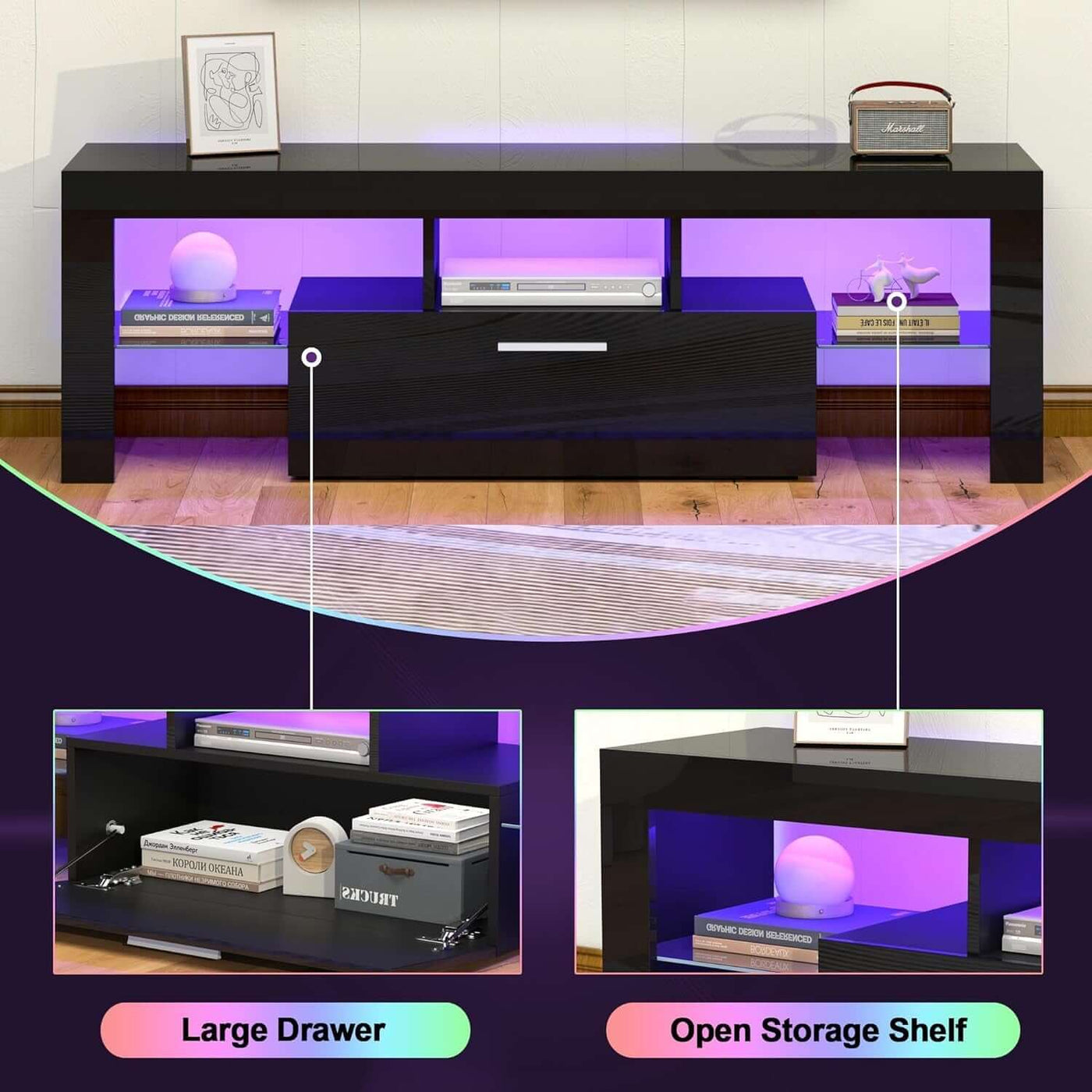 Black LED TV Stand With Large Storage Drawer For TVs Up To 55 Inches