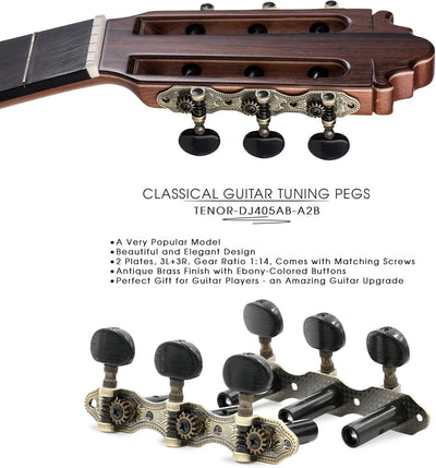 DJ405AB-A2B TENOR Classical Guitar Tuners, Tuning Key Pegs/Machine Heads for Classical or Flamenco Guitar with Antique Brass Finish and Ebony Colored Buttons.