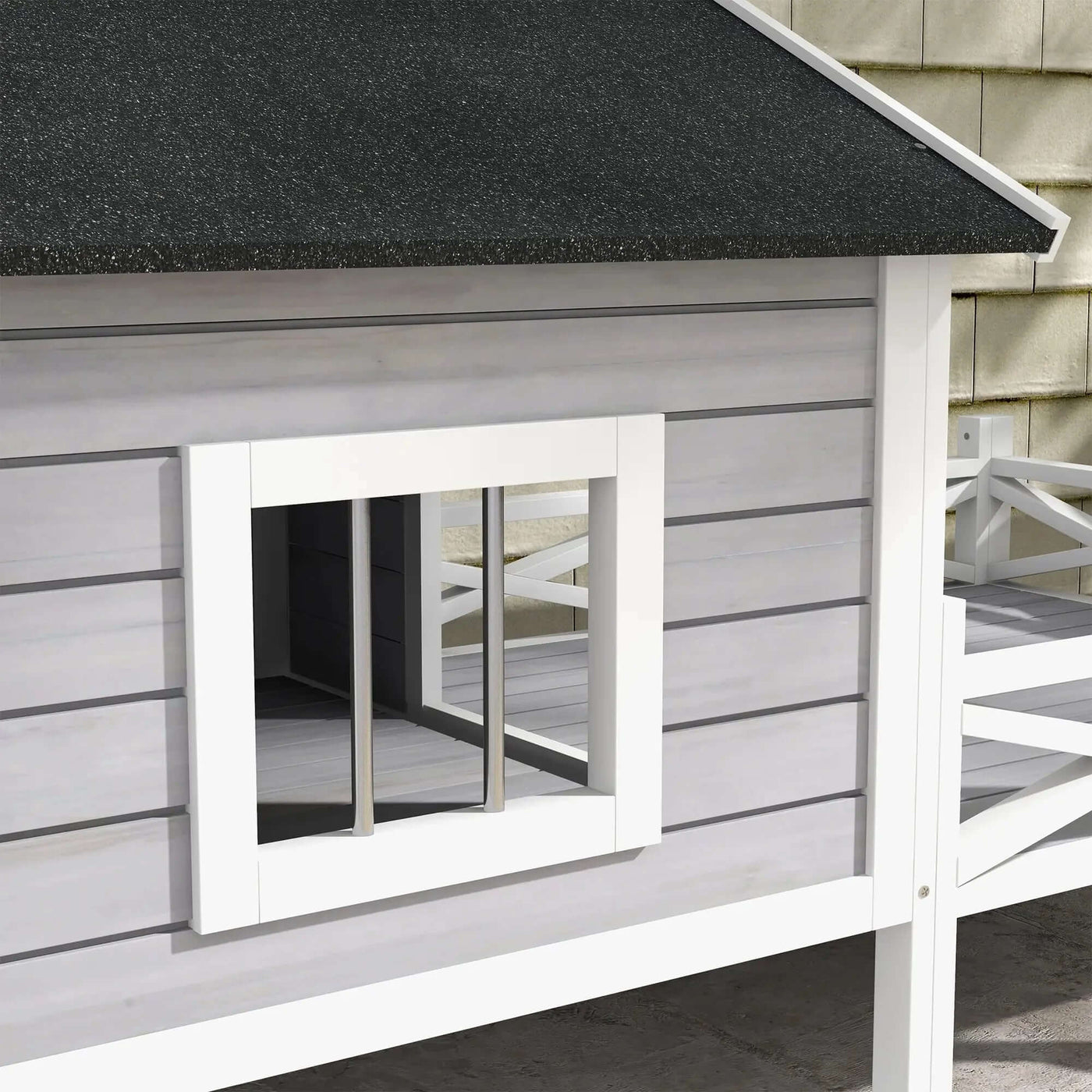66" Outdoor Dog House, Large Wooden Dog Kennel with Porch, Cabin House Style Pet Houses for Cats, Gray