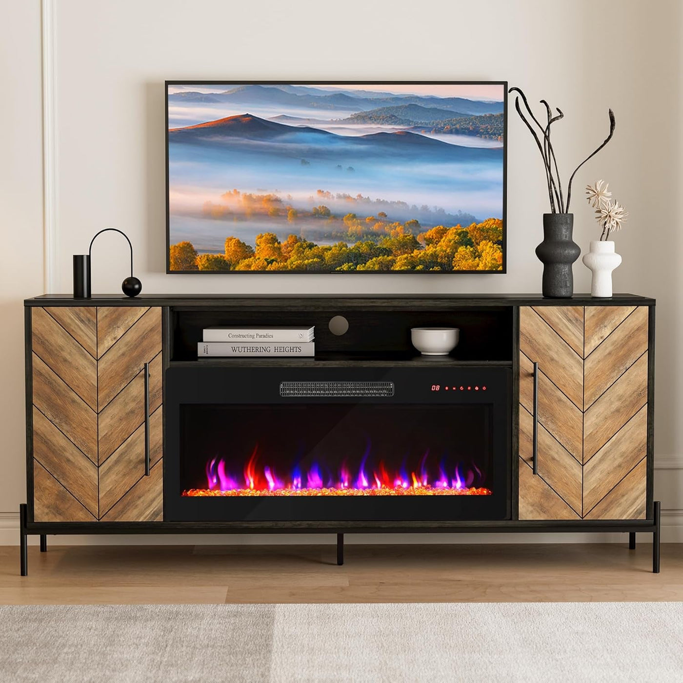 68 Inch TV Stand With 36 Inch Electric Fireplace Heater