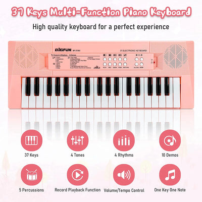 Kids Piano Keyboard, 37 Keys Piano for Kids Music Piano with Microphone Portable Multi-Function Electronic Educational Musical Gift Toys for 3 4 5 6 Year Old Girls Boys Beginners (Pink)