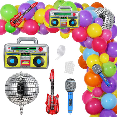 90S 80S Theme Disco Party Decoration Disco Balloons Colorful Balloon Arch Garland with Inflatable Radio Guitar Microphone 4D Foil Balloons for Back to 90S Birthday Supply