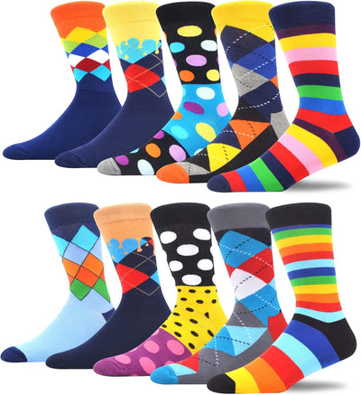Men'S Pattern Dress Funky Fun Colorful Crew Socks 10 Assorted Patterns(Sock Size: 10-13 | Shoe Size: 6-12, 10 Pairs - Novelty Colorful)